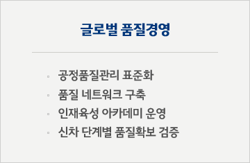 글로벌 품질경영 : 공정품질관리 표준화, 품질 네트워크 구축, 인재육성 아카데미 운영, 신차 단계별 품질확보 검증